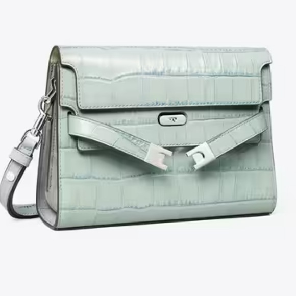 Tory Burch Handbags - Tory Burch Lee Radziwill Ice Blue Croc-Embossed Shoulder Bag